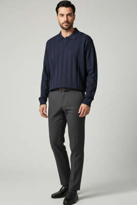 Açık Polo Yaka Erkek Örme Kazak Lacivert - Erkek Kazak