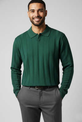 Açık Polo Yaka Erkek Örme Kazak Nefti 