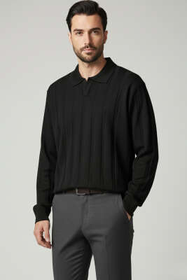 Açık Polo Yaka Erkek Örme Kazak Siyah 