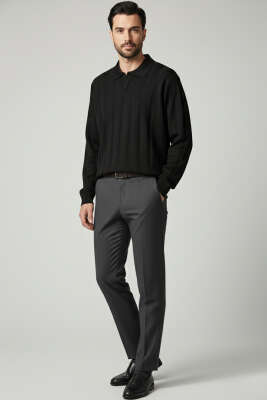 Açık Polo Yaka Erkek Örme Kazak Siyah - Erkek Kazak