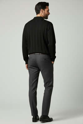 Açık Polo Yaka Erkek Örme Kazak Siyah - Erkek Kazak