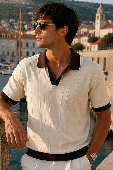 Açık Polo Yaka Erkek T-shirt Bej - Erkek Polo Yaka Tişört