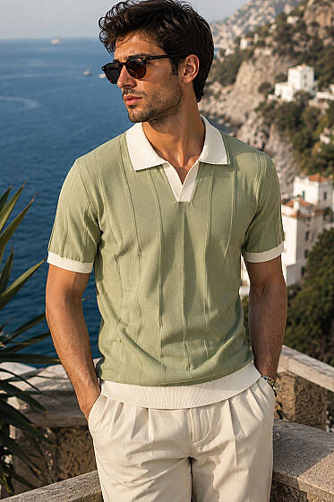 Açık Polo Yaka Erkek T-shirt Haki - Erkek Polo Yaka Tişört