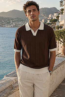 Açık Polo Yaka Erkek T-shirt Kahve - Erkek Polo Yaka Tişört