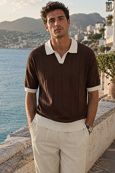 Açık Polo Yaka Erkek T-shirt Kahve - Erkek Polo Yaka Tişört