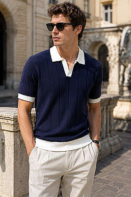 Açık Polo Yaka Erkek T-shirt Lacivert 