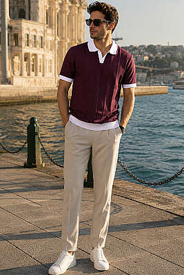 Açık Polo Yaka Erkek T-shirt Mürdüm - Erkek Polo Yaka Tişört