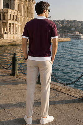 Açık Polo Yaka Erkek T-shirt Mürdüm - Erkek Polo Yaka Tişört