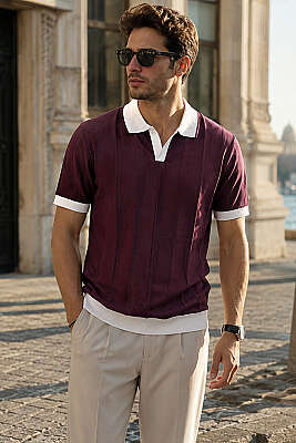 Açık Polo Yaka Erkek T-shirt Mürdüm 