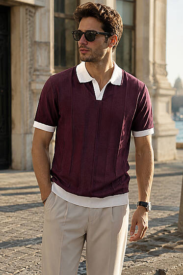 Açık Polo Yaka Erkek T-shirt Mürdüm - Erkek Polo Yaka Tişört