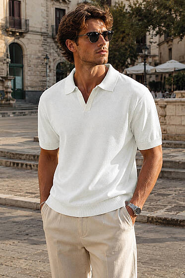 Açık Polo Yaka Ribanalı Erkek T-shirt Beyaz - Beyaz Polo Yaka Tişört