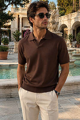 Açık Polo Yaka Ribanalı Erkek T-shirt Kahve - WİPEOUT