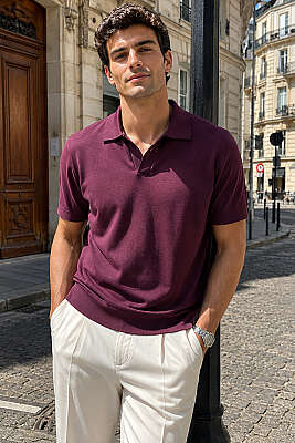 Açık Polo Yaka Ribanalı Erkek T-shirt Mürdüm - WİPEOUT