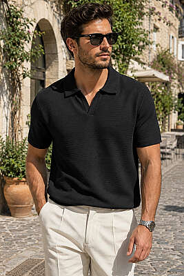Açık Polo Yaka Ribanalı Erkek T-shirt Siyah - WİPEOUT
