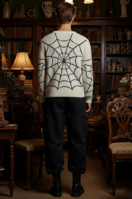 Ağ Desen Örme Triko Erkek Kazak Krem - Erkek Kazak