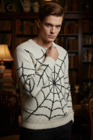 Ağ Desen Örme Triko Erkek Kazak Krem - Erkek Kazak