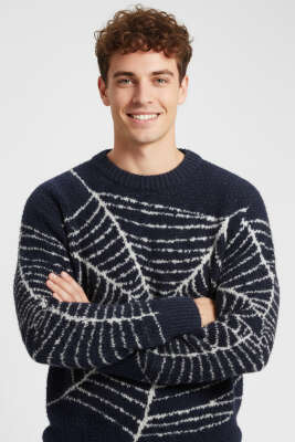 Ağ Desen Örme Triko Erkek Kazak Lacivert 