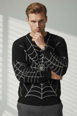 Ağ Desen Örme Triko Erkek Kazak Siyah - Erkek Kazak