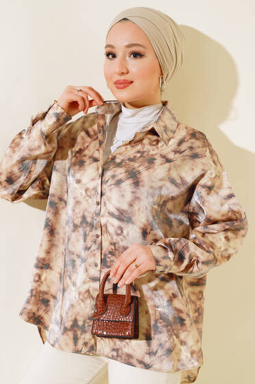 Ağaç Kabuğu Desen Saten Gömlek Vizon - Gömlek