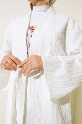 Ağaç Kabuğu Kuşaklı Kimono İkili Takım Ekru - Thumbnail