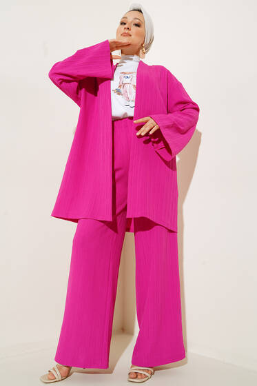 Ağaç Kabuğu Kuşaklı Kimono İkili Takım Fusya - İKİLİ TAKIM