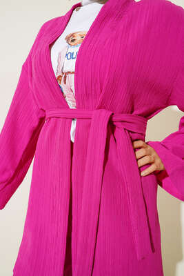 Ağaç Kabuğu Kuşaklı Kimono İkili Takım Fusya - İKİLİ TAKIM