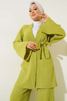 Ağaç Kabuğu Kuşaklı Kimono İkili Takım Neon Yeşil - Thumbnail