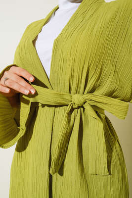 Ağaç Kabuğu Kuşaklı Kimono İkili Takım Neon Yeşil - Thumbnail