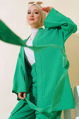 Ağaç Kabuğu Kuşaklı Kimono İkili Takım Yeşil - Thumbnail