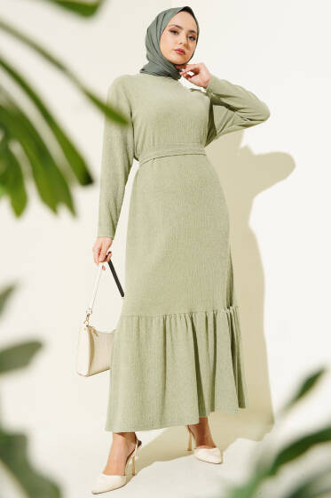 Ağaç Kabuğu Kuşaklı Volanlı Elbise Çağla Yeşili - Yılın Fırsatı 