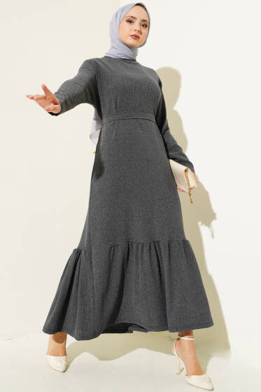 Ağaç Kabuğu Kuşaklı Volanlı Elbise Füme - Yılın Fırsatı 