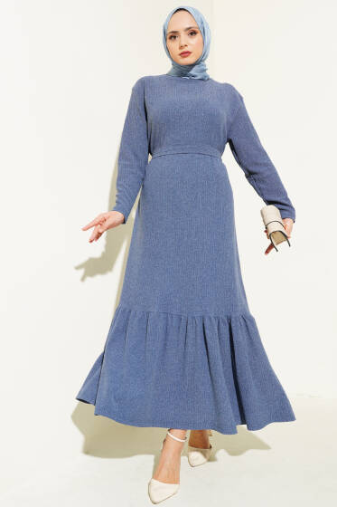 Ağaç Kabuğu Kuşaklı Volanlı Elbise İndigo - Yılın Fırsatı 