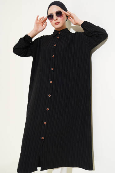 Ağaç Kabuğu Uzun Gömlek Siyah - Gömlek