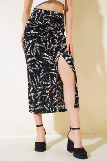 Ağaç Kabuğu Yırtmaçlı Etek Latte - Yeni Giyim