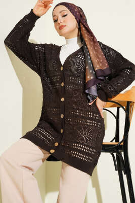 Ahşap Düğmeli Ajurlu Triko Hırka Acı Kahve - RAFİMİX