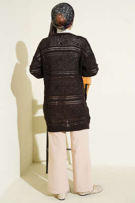 Ahşap Düğmeli Ajurlu Triko Hırka Acı Kahve - Hırka