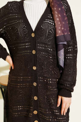 Ahşap Düğmeli Ajurlu Triko Hırka Acı Kahve - Hırka