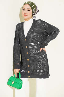 Ahşap Düğmeli Ajurlu Triko Hırka Antrasit 