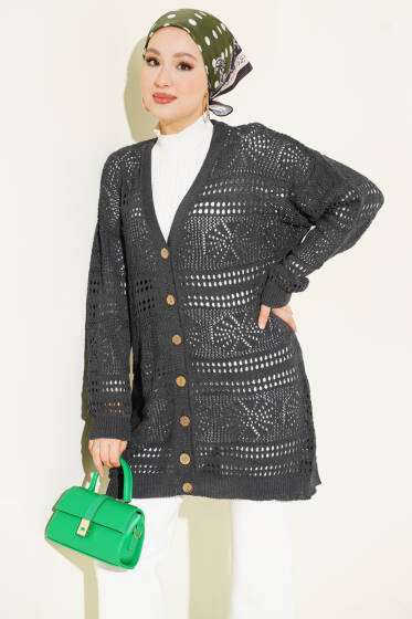 Ahşap Düğmeli Ajurlu Triko Hırka Antrasit - Hırka