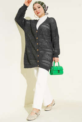 Ahşap Düğmeli Ajurlu Triko Hırka Antrasit - Hırka