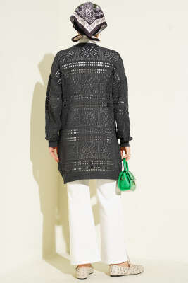 Ahşap Düğmeli Ajurlu Triko Hırka Antrasit - Hırka