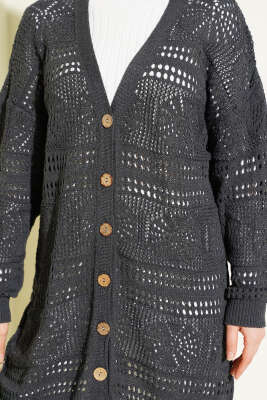 Ahşap Düğmeli Ajurlu Triko Hırka Antrasit - Hırka