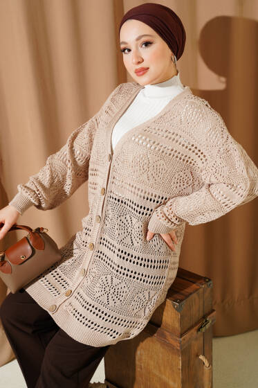 Ahşap Düğmeli Ajurlu Triko Hırka Bej - Hırka