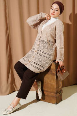 Ahşap Düğmeli Ajurlu Triko Hırka Bej - Hırka