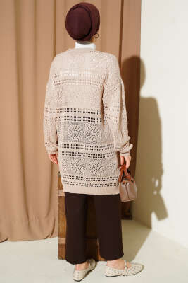 Ahşap Düğmeli Ajurlu Triko Hırka Bej - Hırka