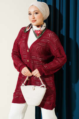 Ahşap Düğmeli Ajurlu Triko Hırka Bordo - RAFİMİX