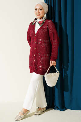 Ahşap Düğmeli Ajurlu Triko Hırka Bordo - Hırka