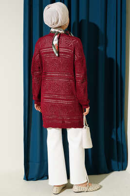 Ahşap Düğmeli Ajurlu Triko Hırka Bordo - Hırka