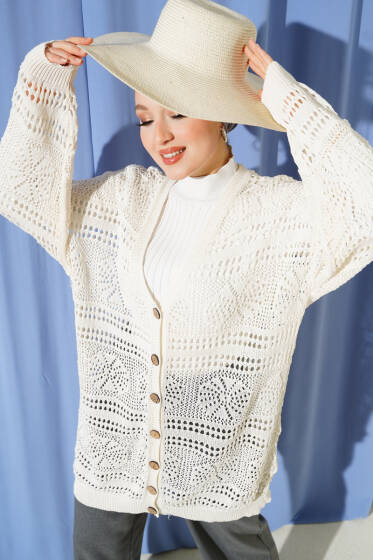 Ahşap Düğmeli Ajurlu Triko Hırka Ekru - Hırka