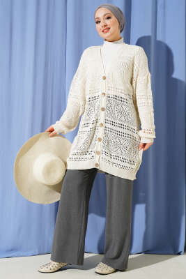 Ahşap Düğmeli Ajurlu Triko Hırka Ekru - Hırka